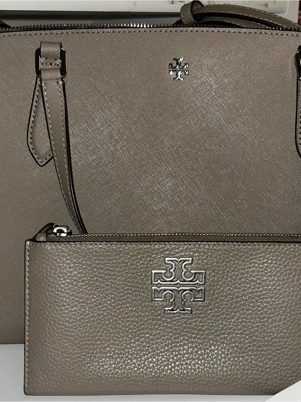 Tory Burch Taupe/Sand Leather Tote with Matching Zip Pouch